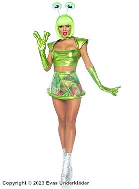 Extraterrestrial, top and skirt costume, iridescent fabric, eye print